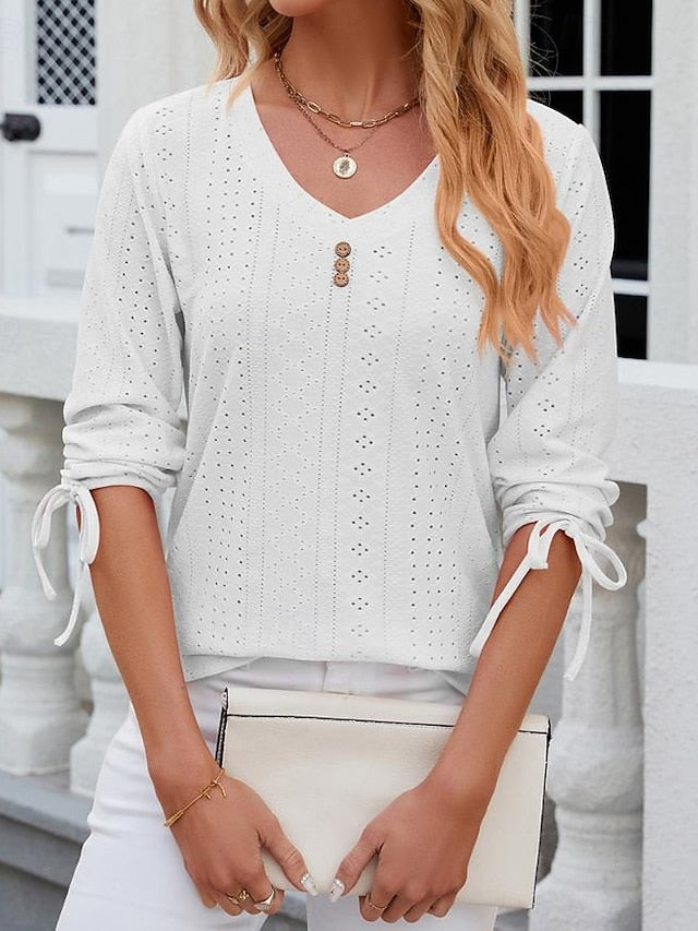 Women's White Elegant Lace Tops Eyelet Blouse Stylish
