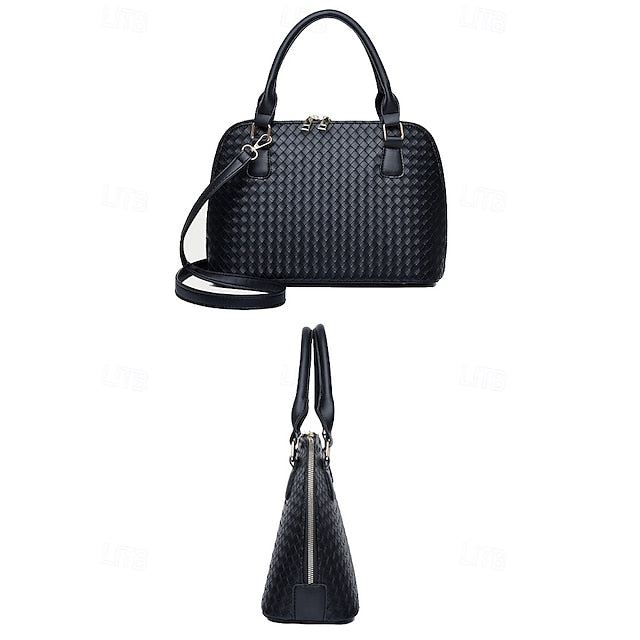 Faux Set Handbag Brown Women's Woven 3-Piece Leather –