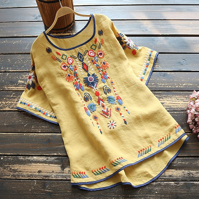 Women's Shirt Blouse Tribal Basic Short Sleeve Crew Neck