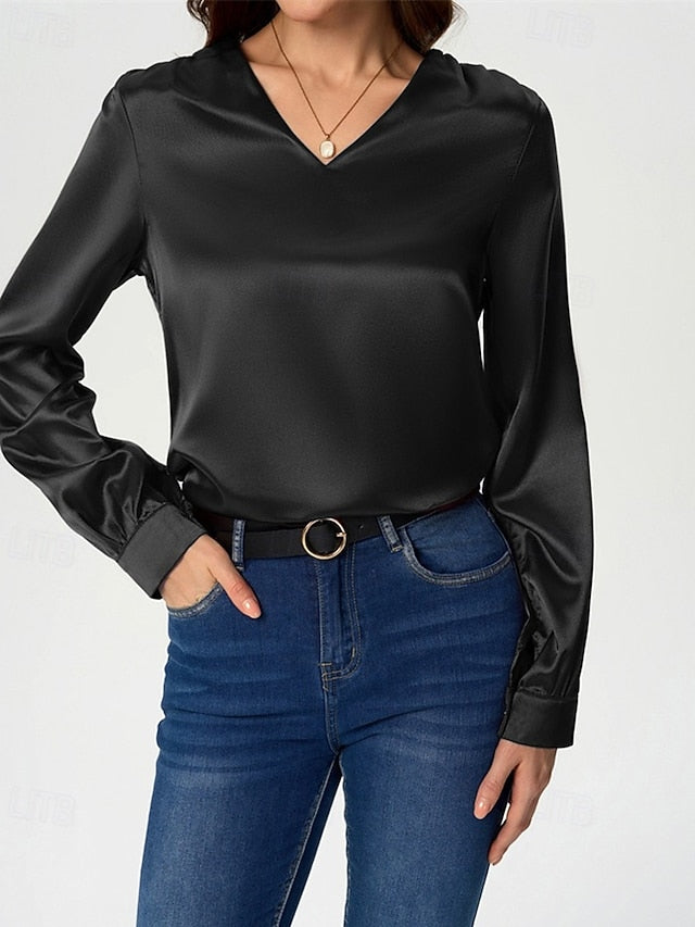 Women's Shirt Elegant Dressy Satin Top Solid Color Stylish