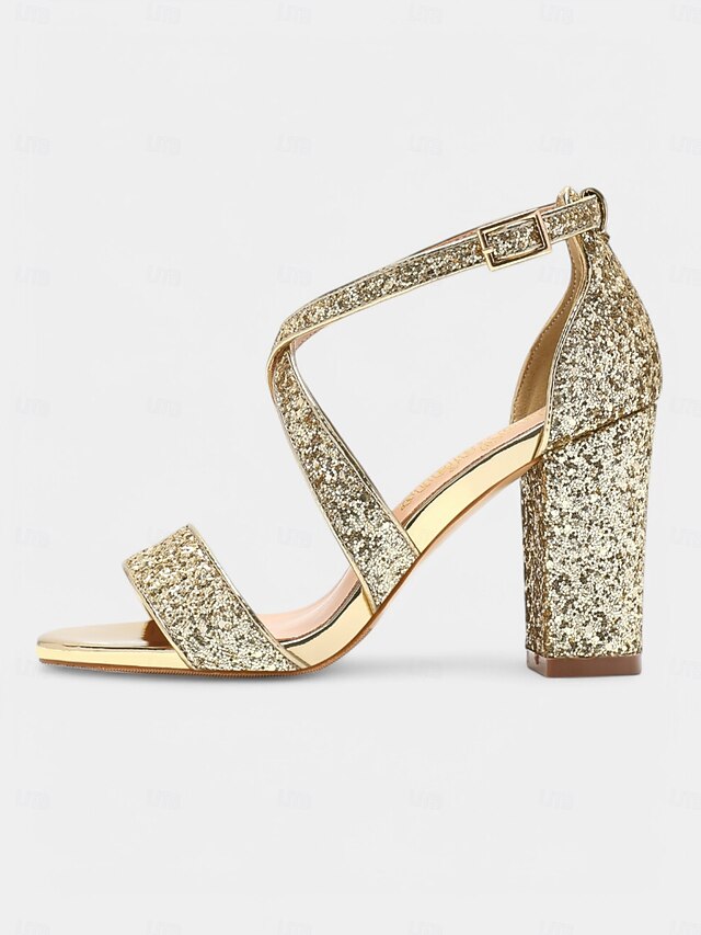 Block Gold Glitter Sandals Women's Heel
