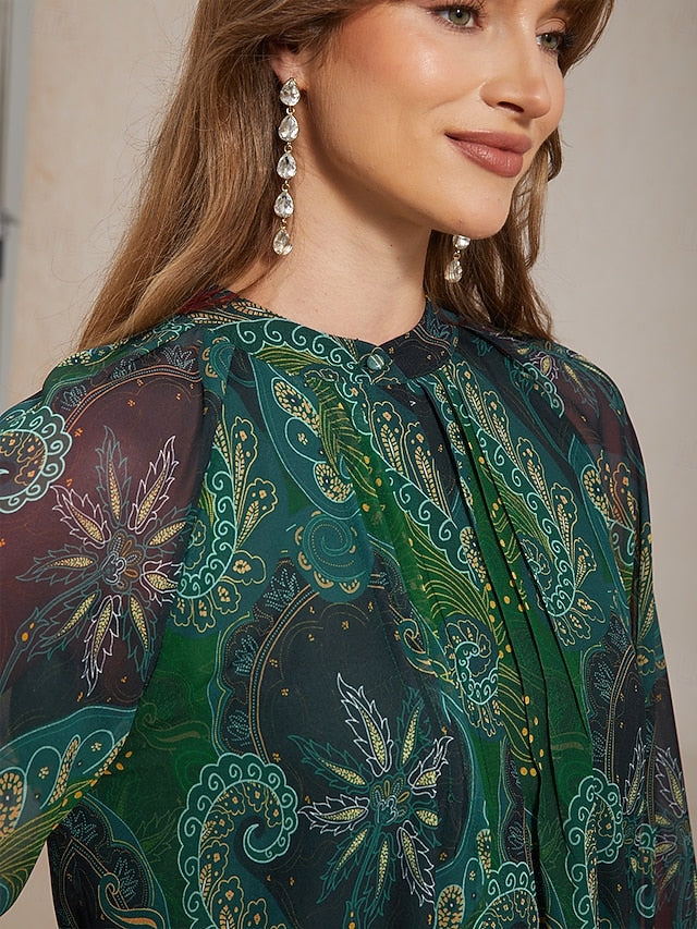 Women's Paisley Print Chiffon Peasant Top Lantern Sleeve