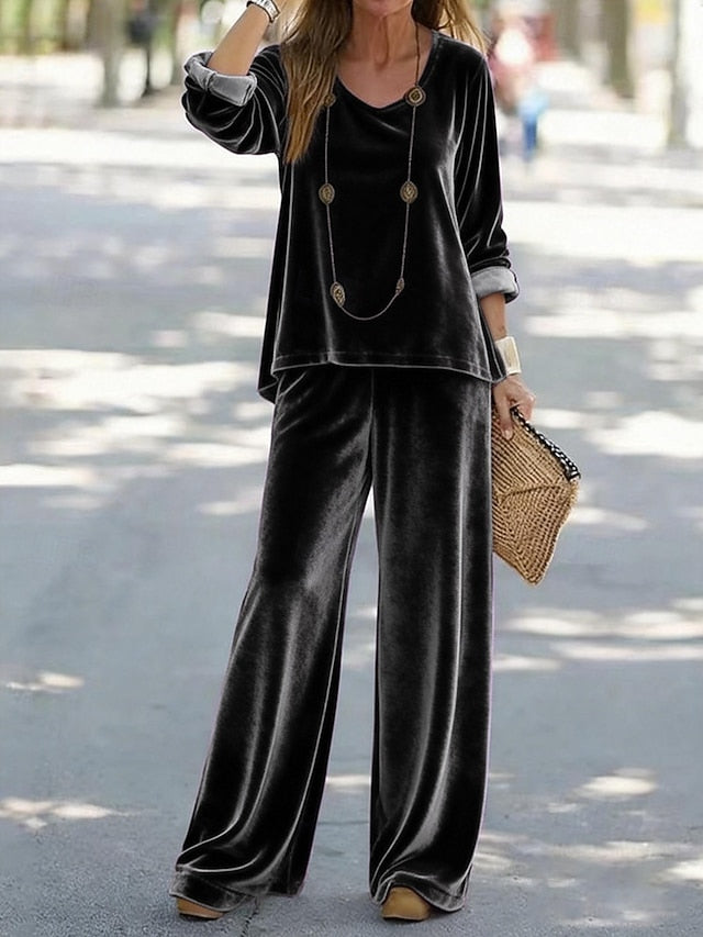 Women's Pants Sets Long Sleeve V Neck Solid Color Fashion