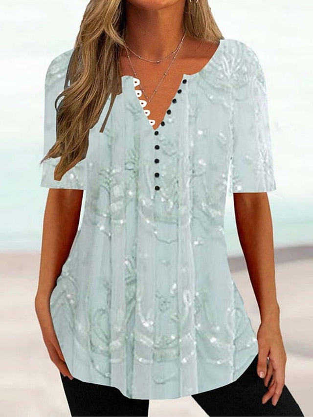 Women's T Shirt Henley Shirt Buttons Print Floral Tunic