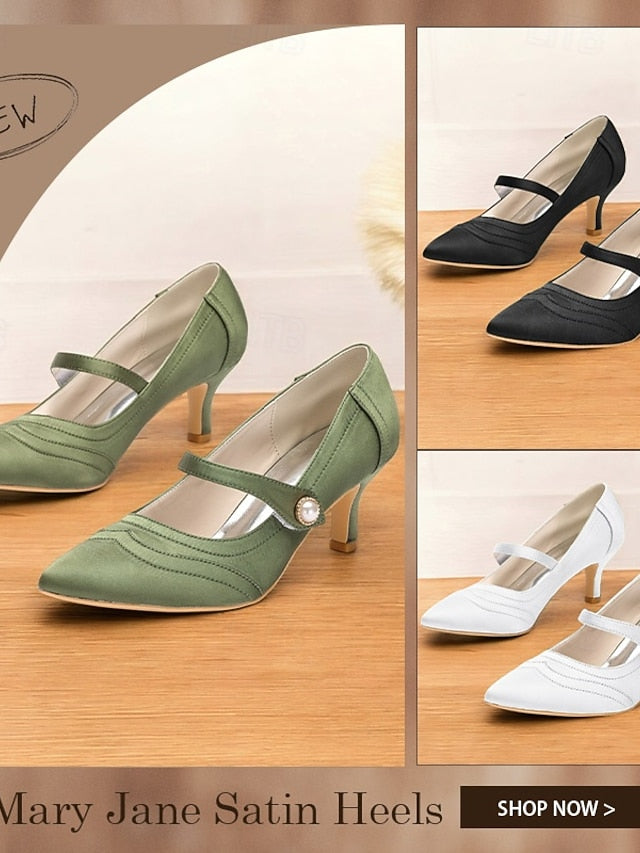 Elegant with Pearl - Button Mary Heels Jane Green Satin