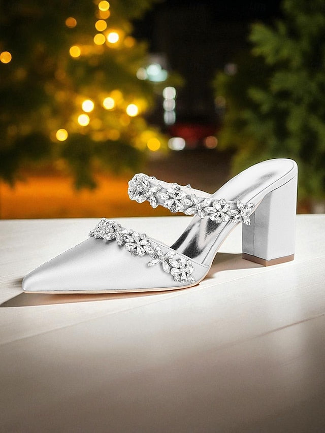 Women's Mules Rhinestone Floral Heel Black Block Satin with