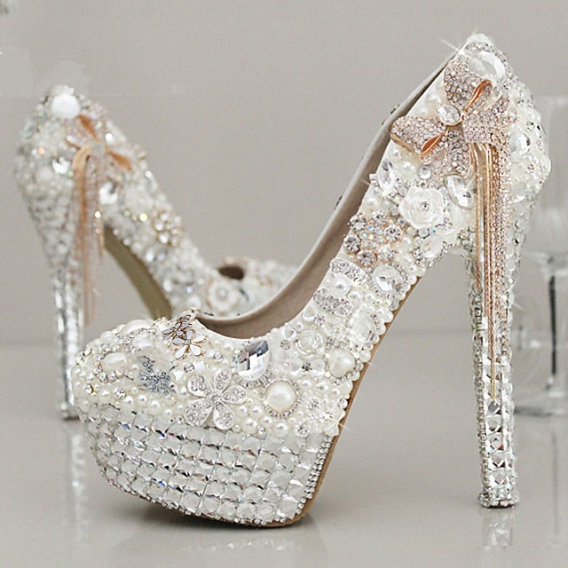 and Embellished Rhinestone Pearl White Platform Women's