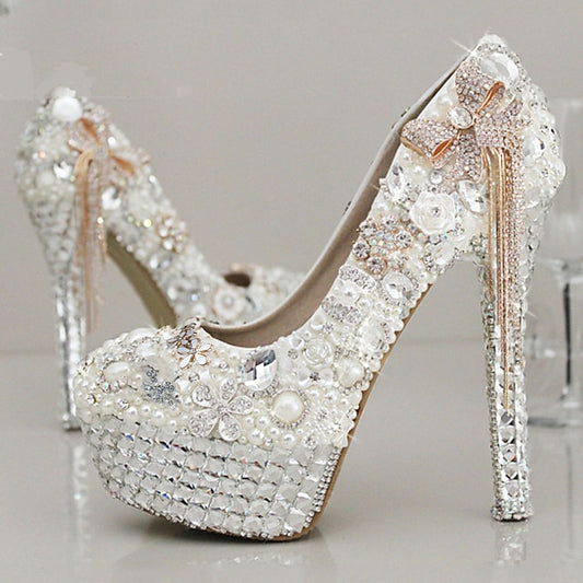Embellished Rhinestone White Pearl and Platform Women's