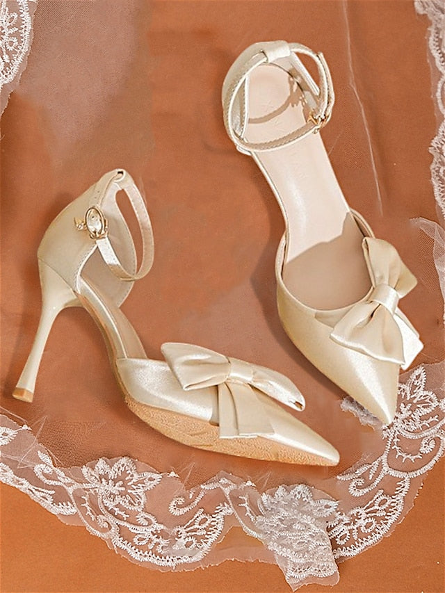 Champagne Pumps Ankle – Strap Bow Women's Classy Pointed