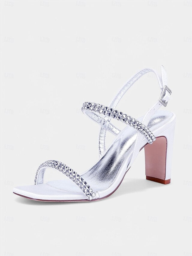 – Rhinestone Prom Women's Heel Sandals White Block Bridal