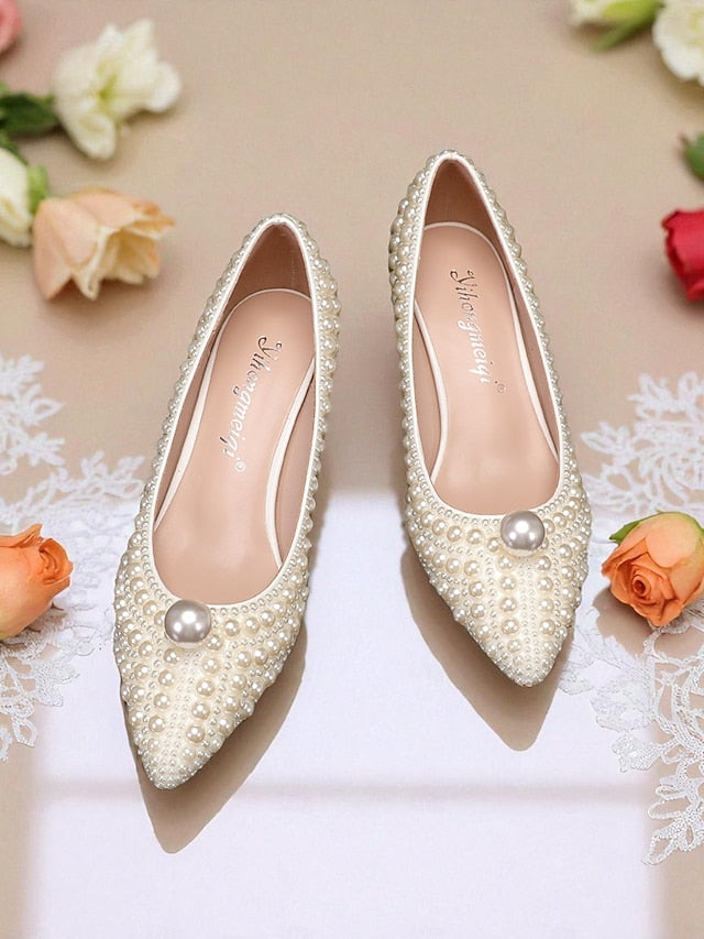 Pearl-Embellished Women's Kitten Pumps and Heel Matching