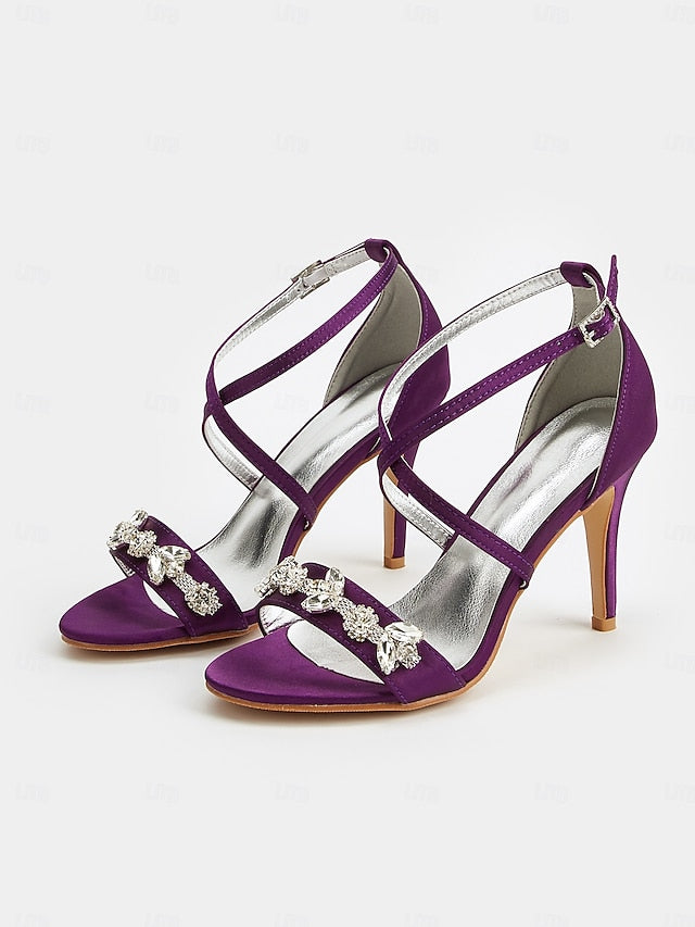 with Stiletto Rhinestone Heels Satin Women's Purple Straps