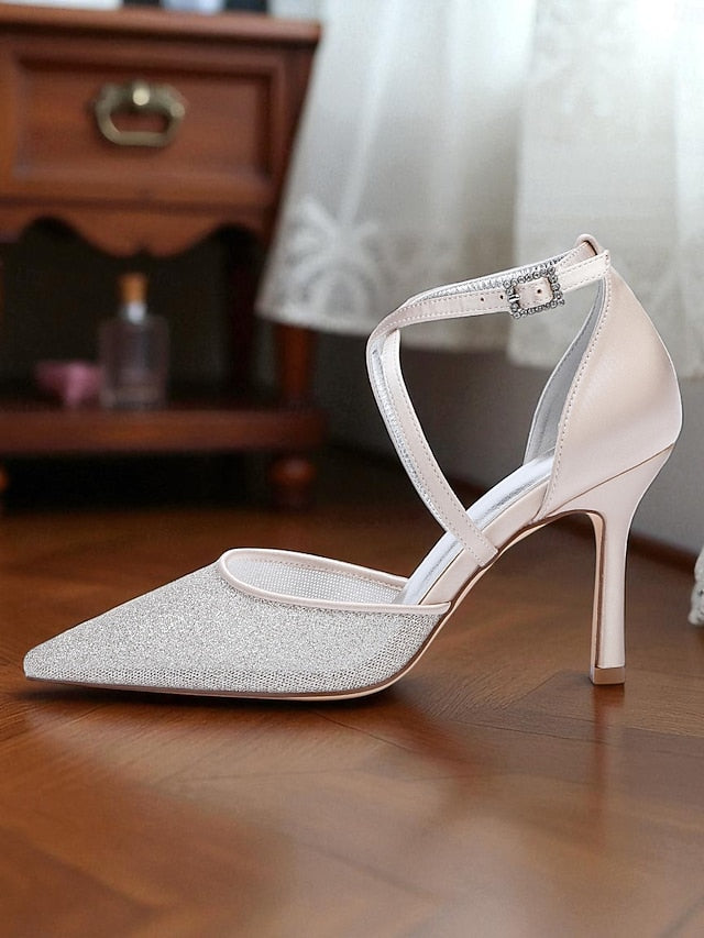 Ankle Glitter Heels Elegant Silver - Women's Stiletto Strap