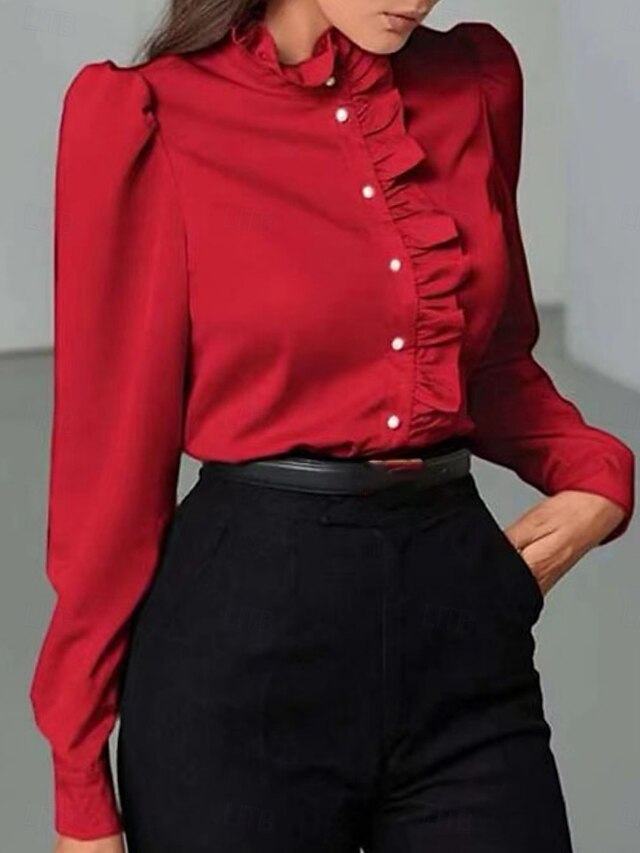 Women's Shirt Blouse Ruffle Buttons Solid Color Business