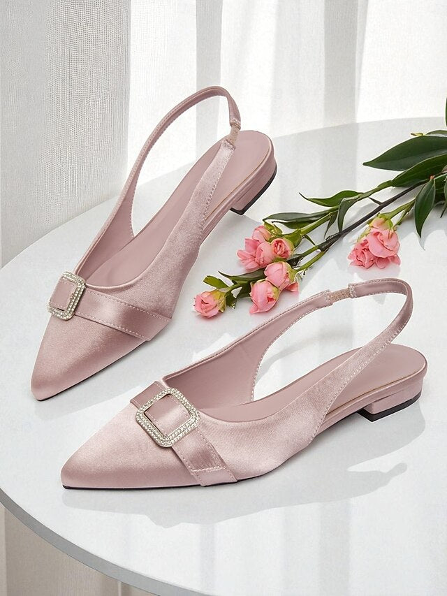 Women's Buckle Slingback with Satin Pink Flats Rhinestone