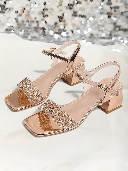 Wedding Rhinestone for Sandals Women Elegant Gold – Block Heel