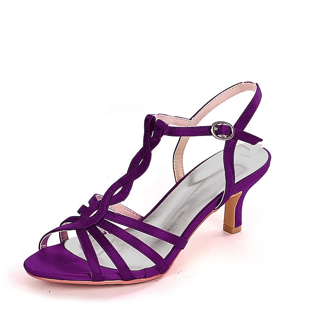 – Satin Strappy Women's Mid-Heel Purple Sandals Elegant