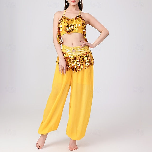 Belly Dance Top Pure Color Splicing Sequins Women's