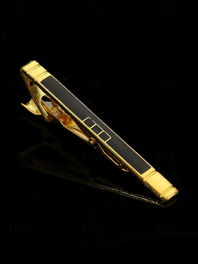 Gold – Black for with Design Clip Inlay Tie Elegant Men Sleek