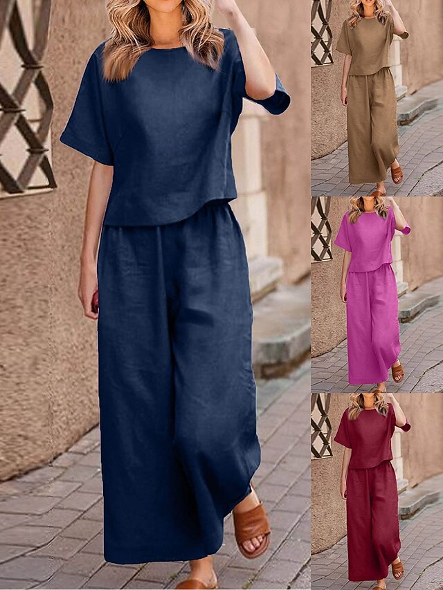 Women's Pants Sets Faux Cotton Linen Short Sleeve Plain
