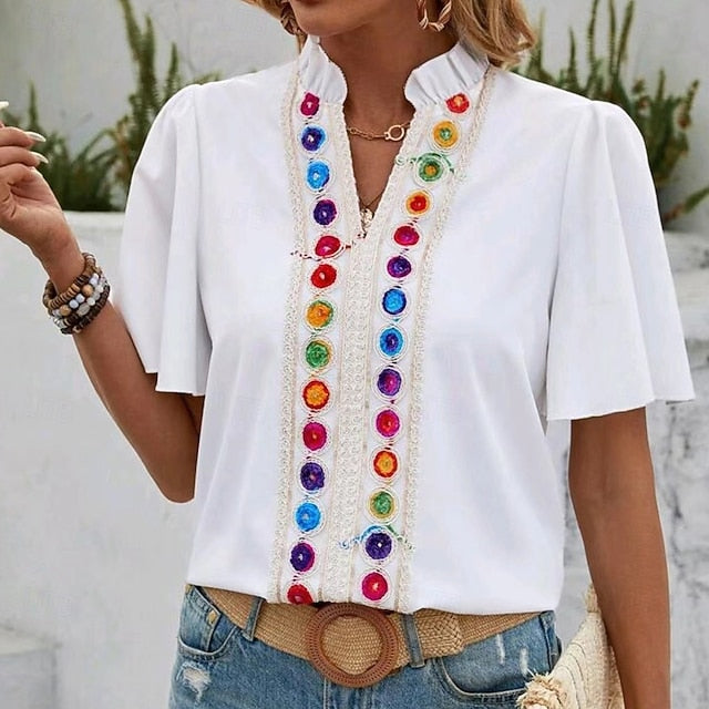 Women's Shirt Casual Shirt Blouse Embroidered Buttons Solid