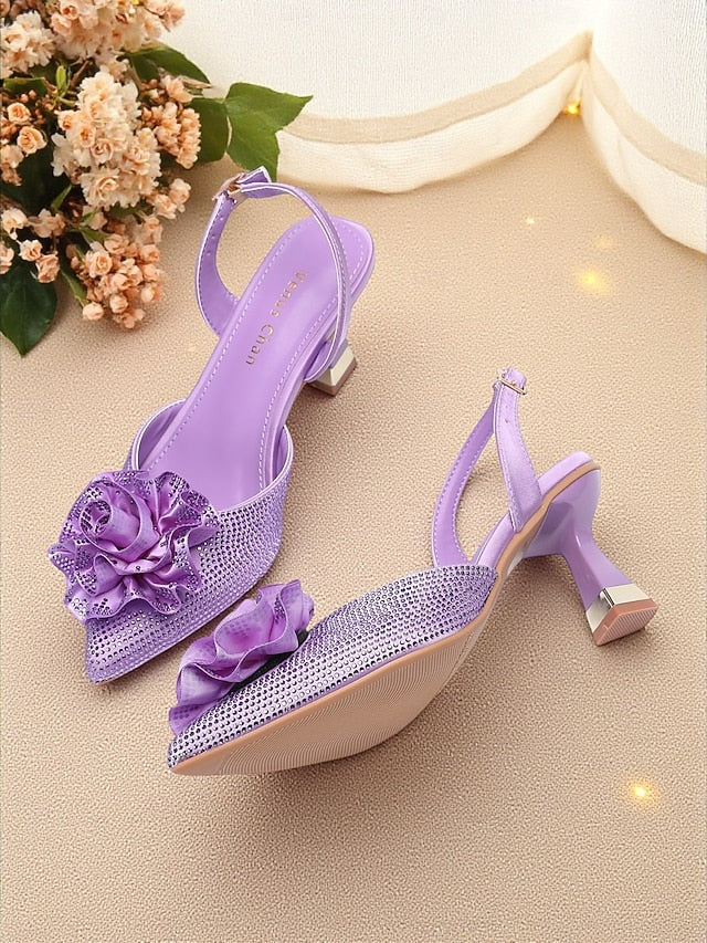 with Rhinestone Women's Purple Floral Heels Slingback