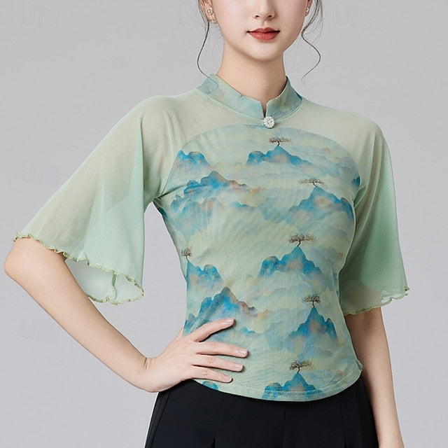 Latin Dance Top Splicing Tulle Women's Performance Training