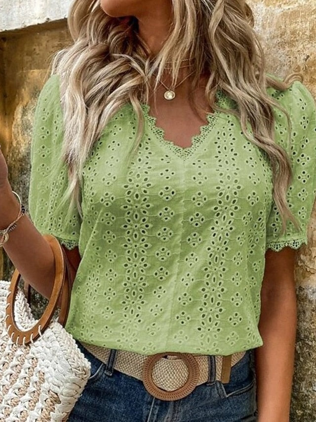 Women's Shirt Blouse Lace Solid Color Stylish Casual Short
