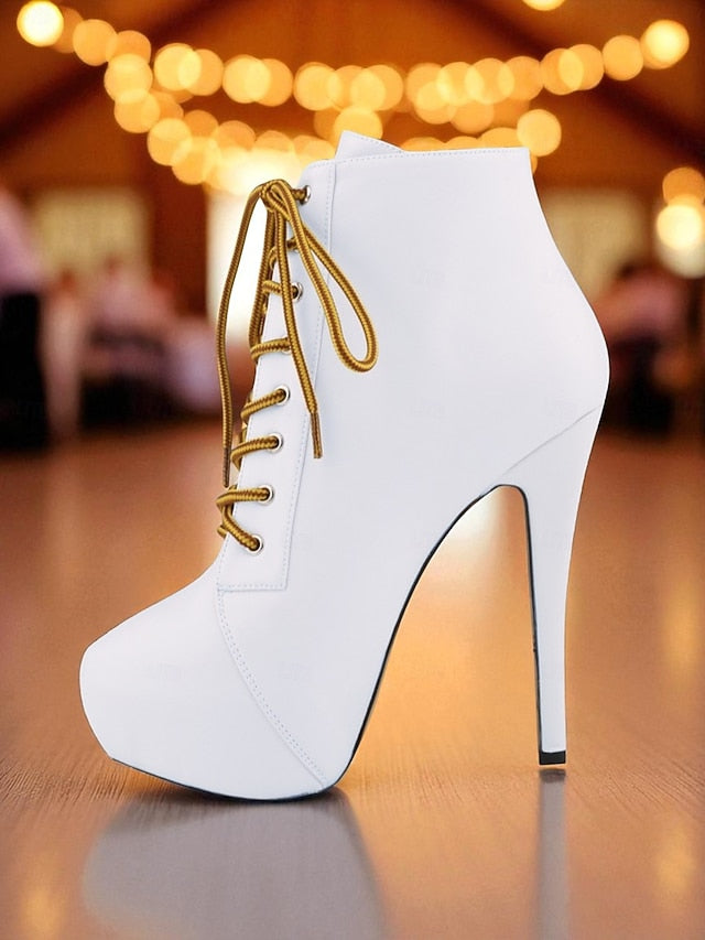 Beige Faux Lace-Up Leather Platform Women's Ankle Boots -