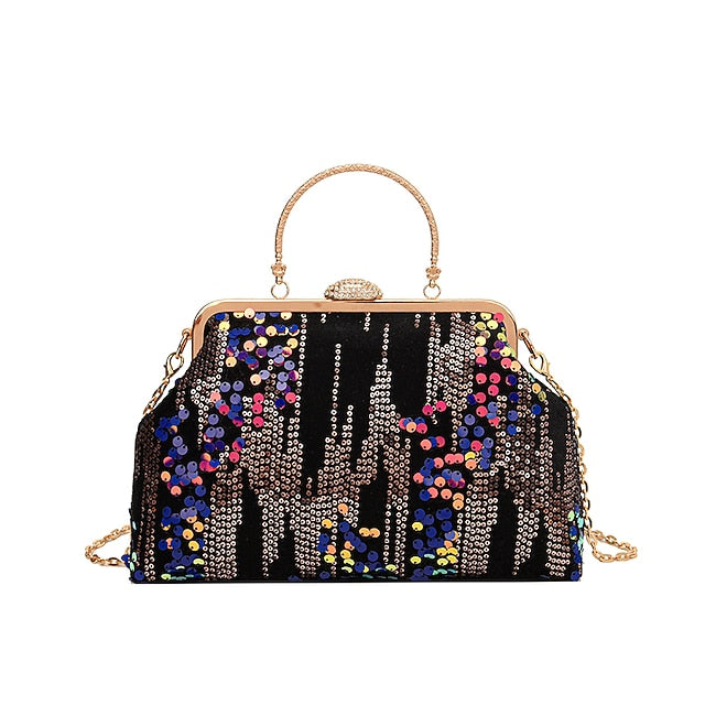 Women's Ivory Sequin Top Handle Clutch with Chain Strap,
