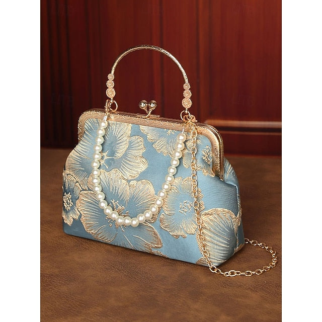 Women's Vintage Floral Brocade Pearl Handle Bag, Elegant