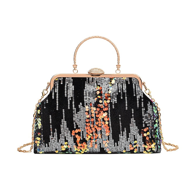 Women's Ivory Sequin Top Handle Clutch with Chain Strap,