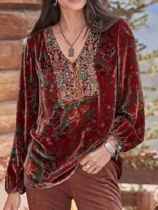 Women's Shirt Boho Shirt Blouse Velvet Basic Floral Print