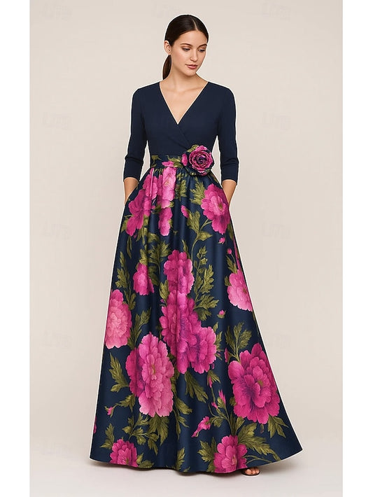 Floral Elegant of the Bride Print Mother A-Line Evening Gown