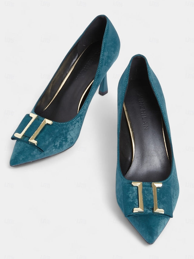 Velvet Elegant Pointed Women's Kitten - Heel Teal Toe Pumps