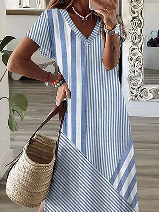 Women's Stripe V Neck Maxi Dress Short Sleeve Summer