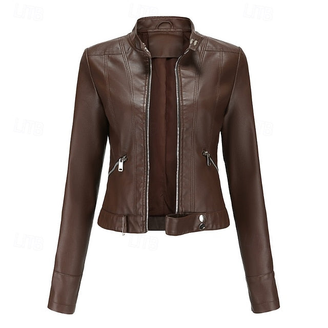 Women's Jacket Pocket Faux Zipper Leather Comfortable