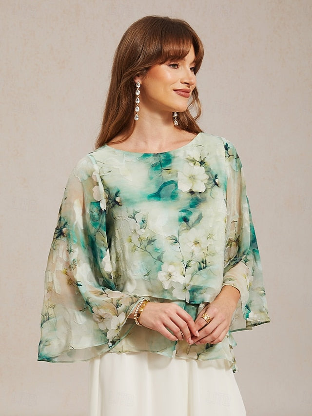 Women's Sheer Blouse Chiffon Tops Lace up Floral Elegant