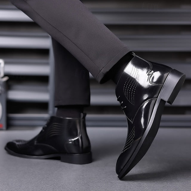 Burgundy Glossy Wingtip Faux Brogue Ankle Leather Men's