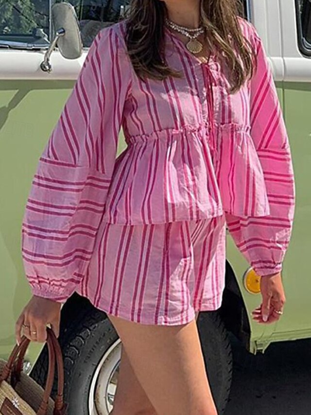 Women's Cotton Linen Shirts Blouse Shorts Sets Long Sleeve