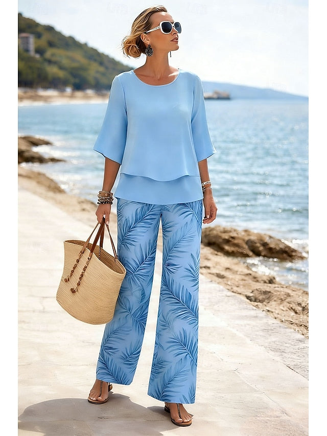 Women's Pants Sets Half Sleeve Butterfly Sleeve Round Neck