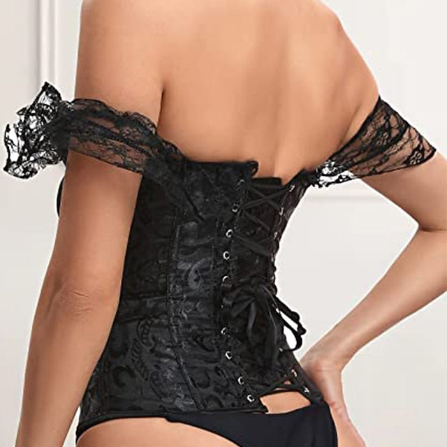 Women Floral Lace Off Shoulder Overbust Corset Bustier Boned
