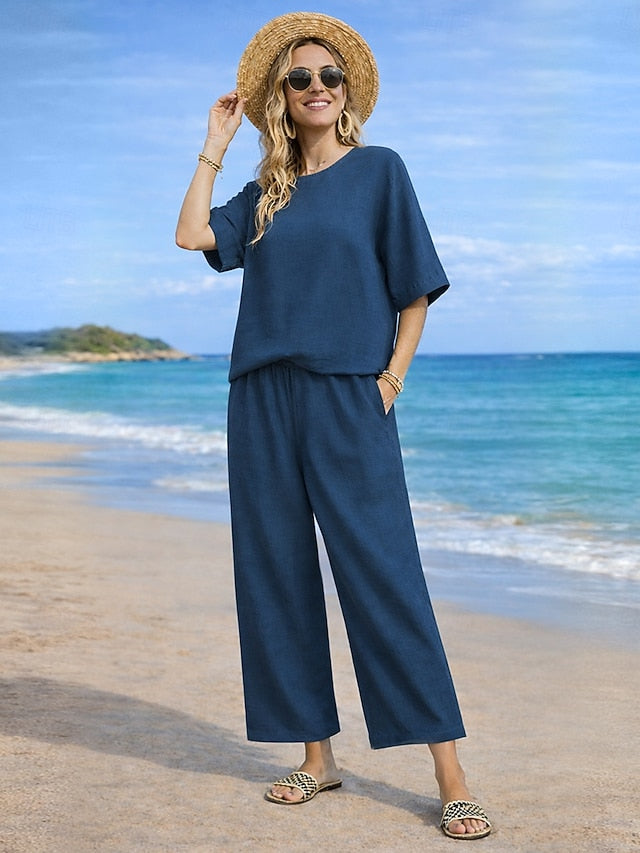 Women's Cotton Linen Sets Two Piece Sets Pure Color Hot