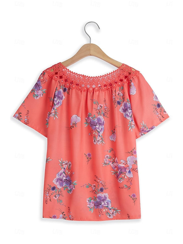 Women's White Elegant Lace Tops Eyelet Blouse Basic Floral