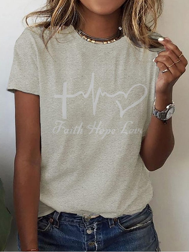 Women's T Shirt Print Heart Letter Basic Short Sleeve Round