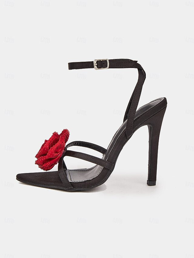 Floral High Black Embellishments Chic Red - Sandals Heel with
