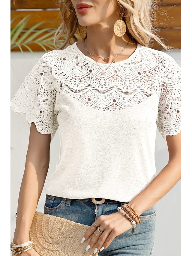 Women's Blouse Lace Tops Lace Plain Casual Short Sleeve