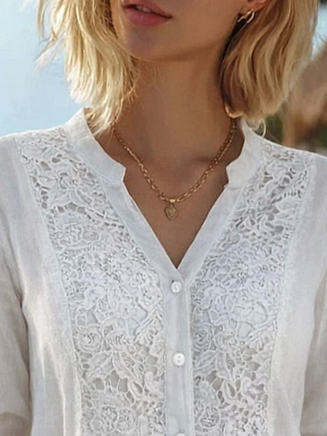 Women's Lace Splicing Top Blouse Lace Buttons Solid Color