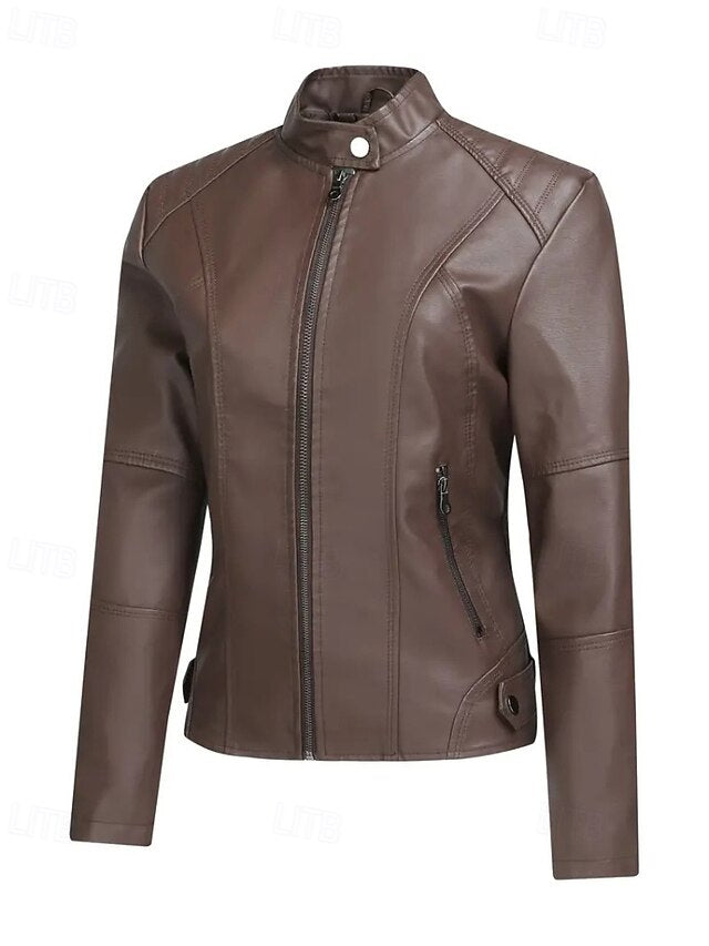 Faux Pocket Leather Comfortable Women's Zipper Jacket
