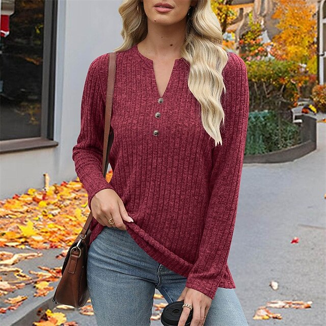 Women's T Shirt Tee Top Buttons Solid Color Stylish Classic